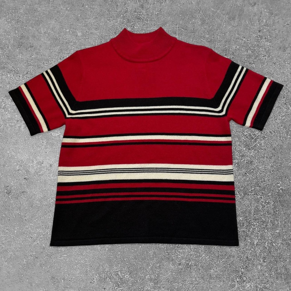 Sag Harbor Womens Red Striped Mock Neck Short Sleeve Acrylic Sweater Small
